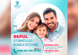 BEPUL stomatolog konsultatsiyasi + SUPER SKIDKA 80% professional tish tozalashga Di Smile klinikasida! BEPUL stomatolog konsultatsiyasi + SUPER SKIDKA 80% professional tish tozalashga Di Smile klinikasida!